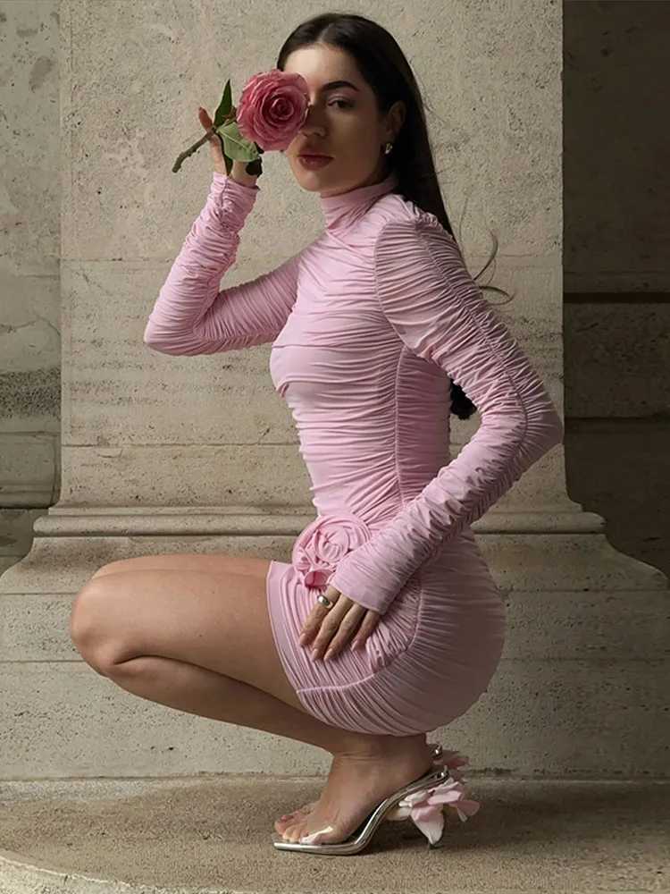 Sexy 3D Flower Mini Dress Women Pink Rose Pleated Turtleneck Long Sleeve Hip Package Dresses 2025 Summer New Party Evening Robe XJ250610