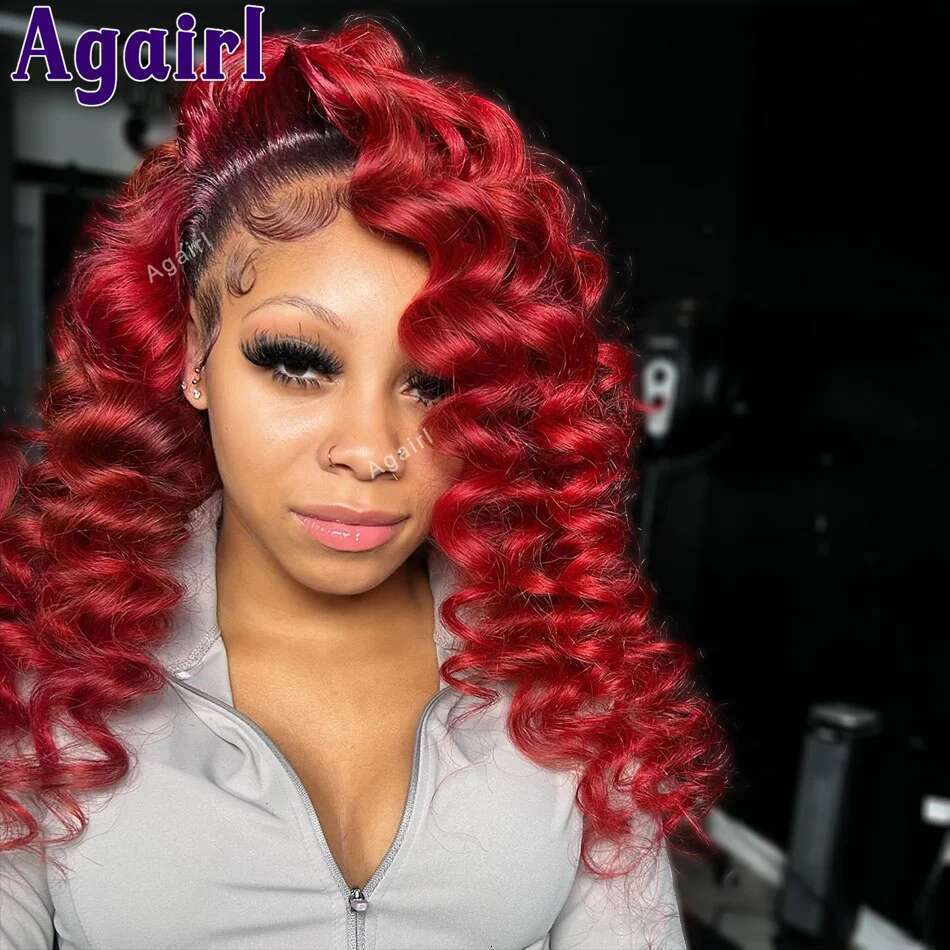 Bury 99J Human Hair Ready To Wear Pre Plucked Loose Curly Colored For Women 1B/Red Lace Frontal Wigs