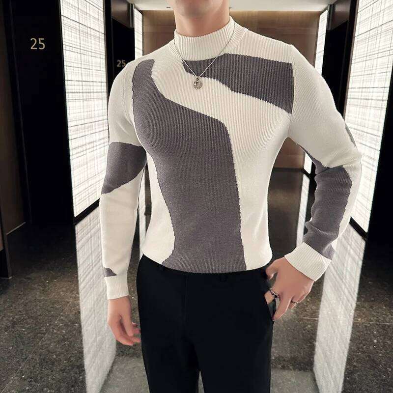 Autumn Winter New Korean Men's Clothing Fashion Patchwork Color Sweater Male Slim Fit Casual Turtleneck 4Colors