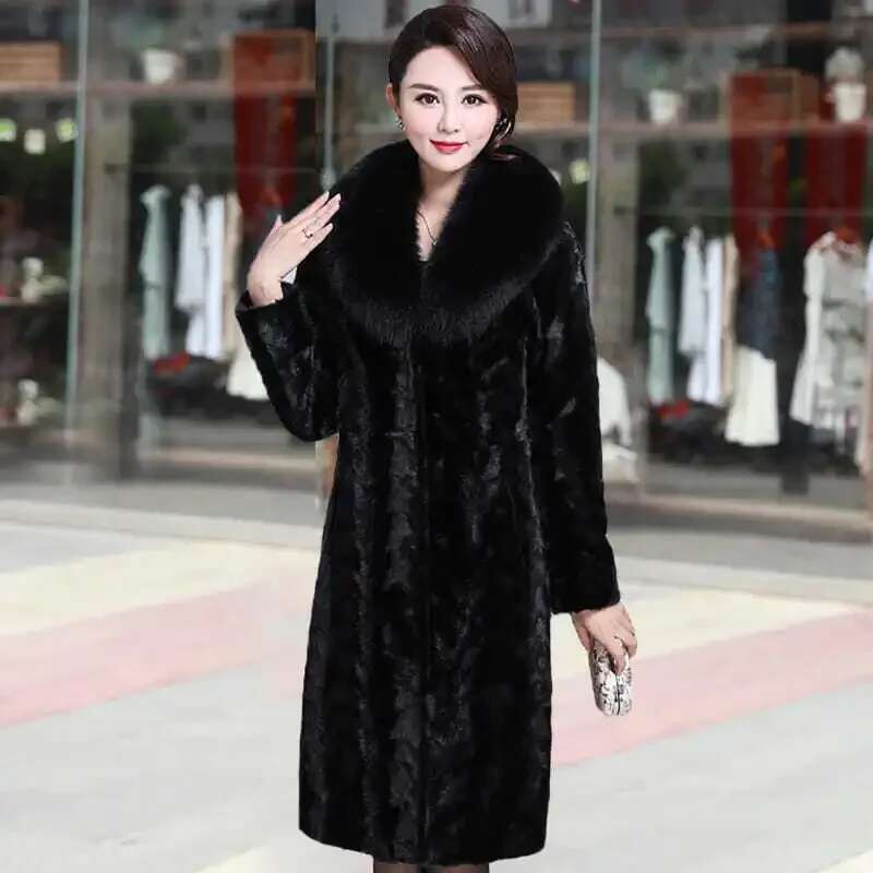 Women's Winter Warm Black with Mink Mid-length Fox Fur Collar Coat Plus Size Thick and Elegant