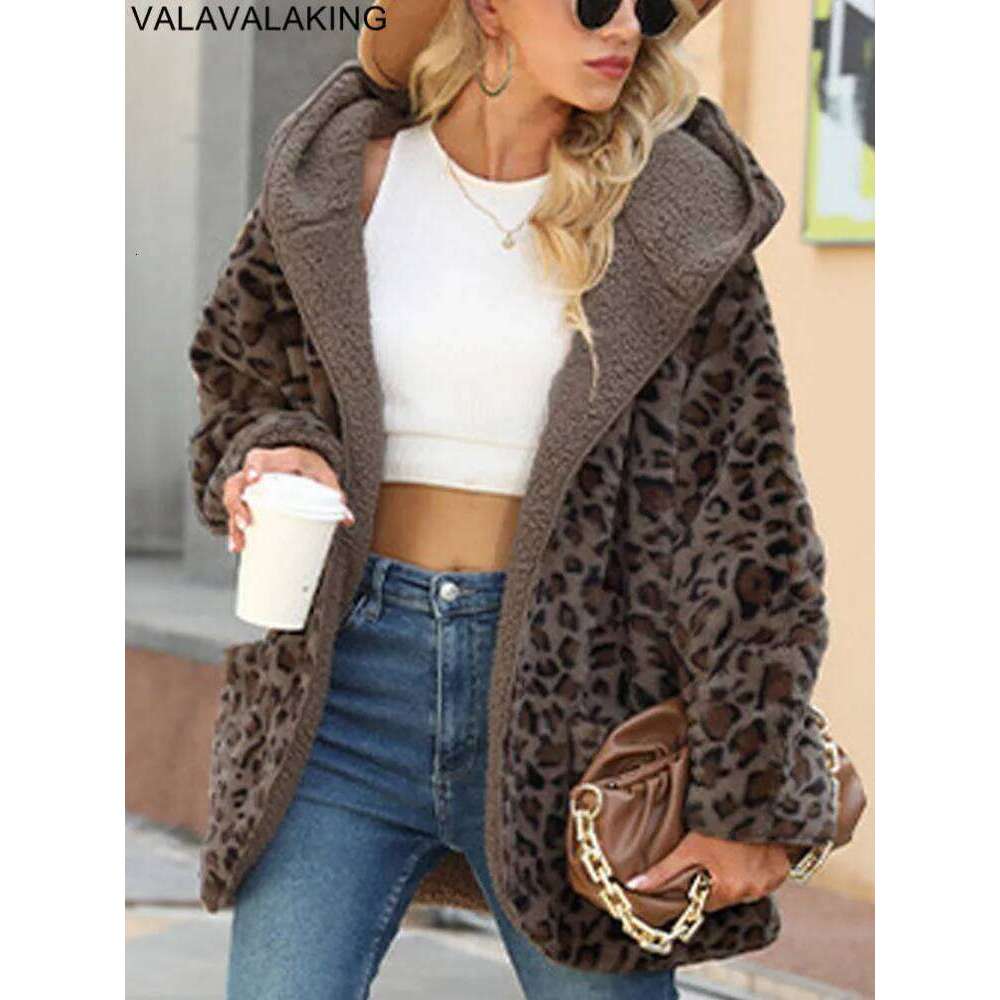 2025 Autumn Winter Long Sleeve Women Jacket Thick Plush Hooded Warm Casual Leopard Soft Loose Cardigan Lady No Buttons Coat