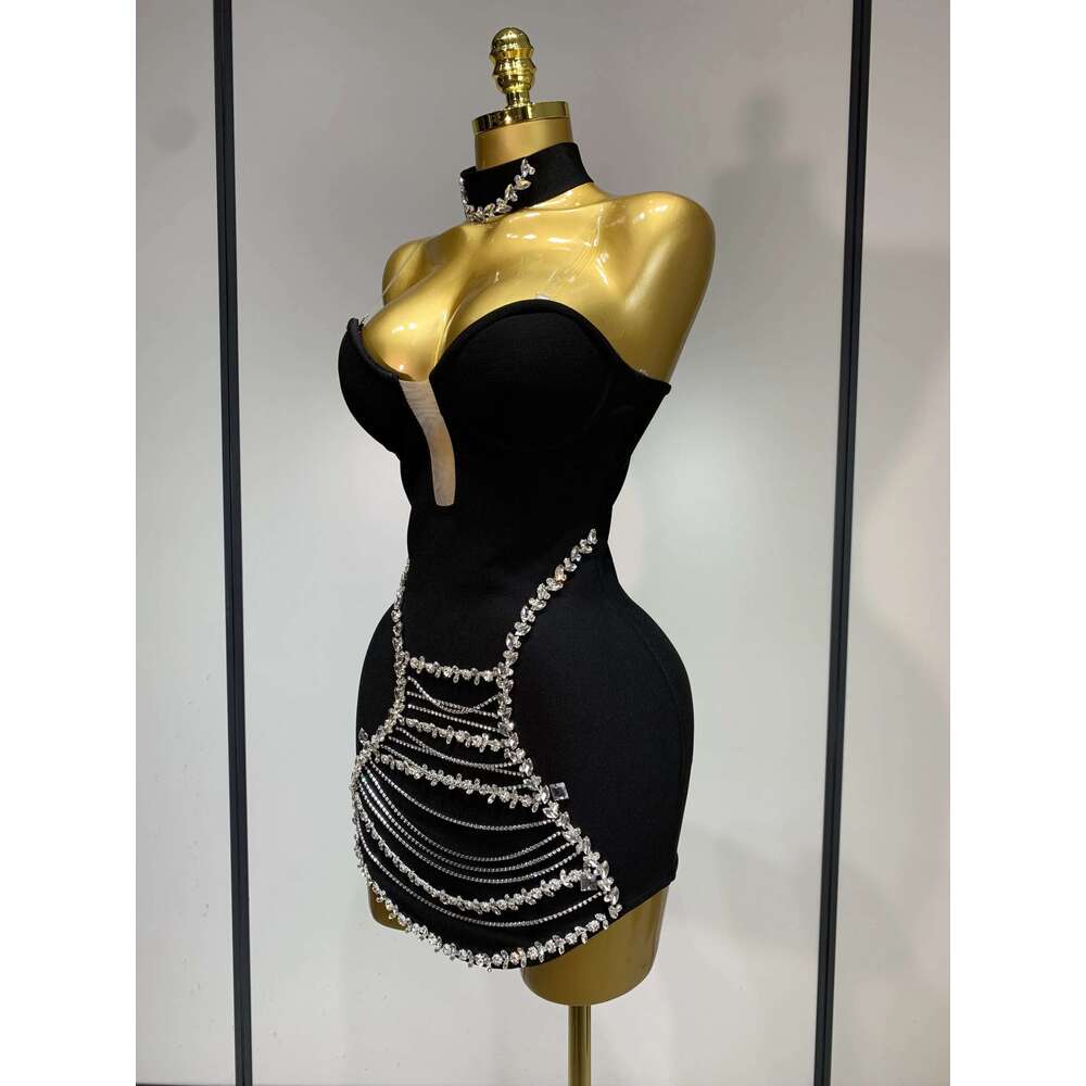 Sparkly Rhinestones Chain Bodycon Strapless Mini Bandage Dress 2025 Women Backless Birthday Evening Party Club Dresses