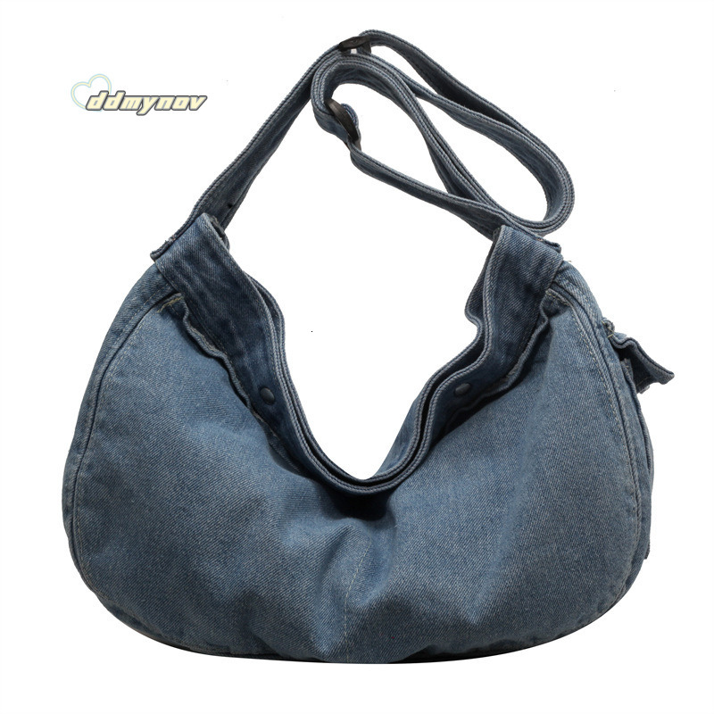 New INS Washed Denim Crossbody Bag for Women, Artistic Large Capacity Shoulder Bag, Trendy Fashion Student Backpack ddmynov