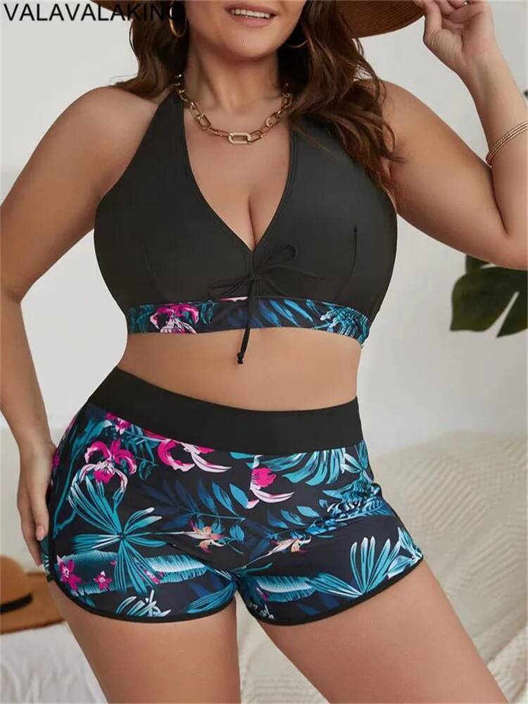 2025 Patchwork Two Piece Plus Size Bikini Women Tied Halter Large Swimsuit Push Up Lady Chubby Swimwear Beach Curvy Bathing Suit