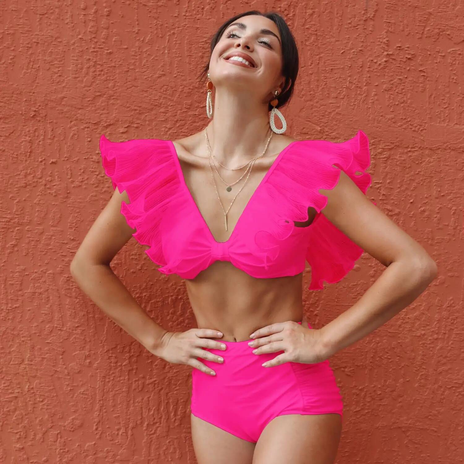 2025 New Sexy High Waist Ruffled Bikini Set Flounce Swimwear Women Swimsuit Solid Strappy Beachwear V-neck Bathing Suit Biquini