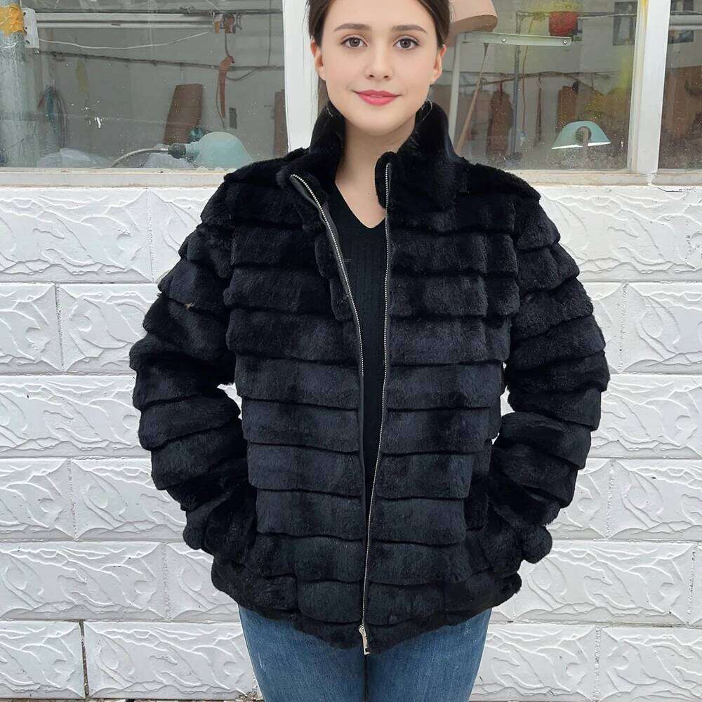 Fancy Rani Natural Rex Rabbit Coat Women Winter Jacket Real Leather And Fur Clothing Female Outerwears With 2024 Black Cold