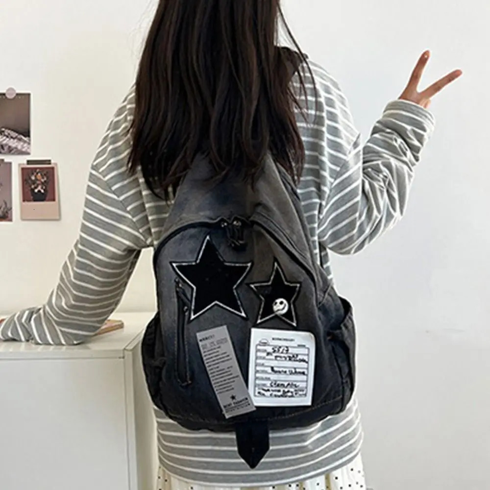 Fashion Large Capacity Denim Star Backpack Y2K All Match Double Shoulder Bag Unisex Star Pattern Students Backpack Outdoor 250606