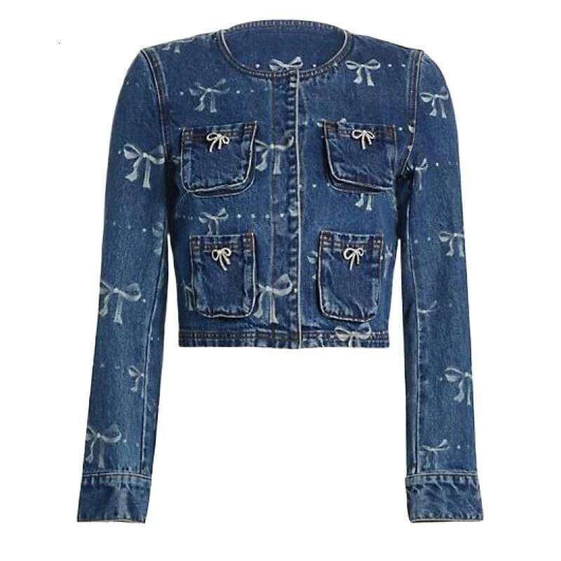 2024 new arrive bow decoration printed Lady Coat long sleeved round neck women denim jacket with pockets, hidden buttons