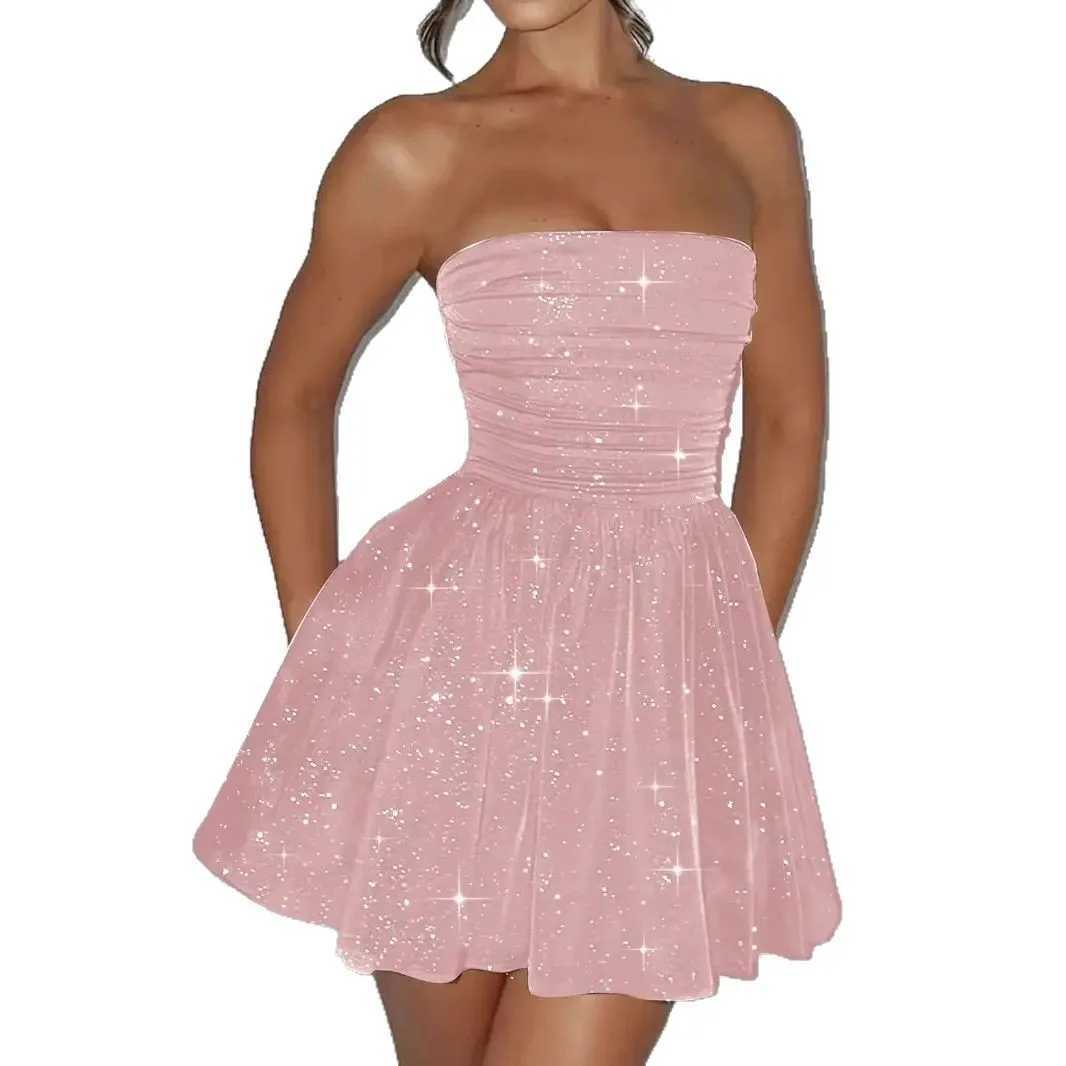 Temperament Mesh Sequin Strapless Tight Short Dresses For Women Sleeveless Back Bow Tie White Pink Elegant Evening Party Dress XJ250610