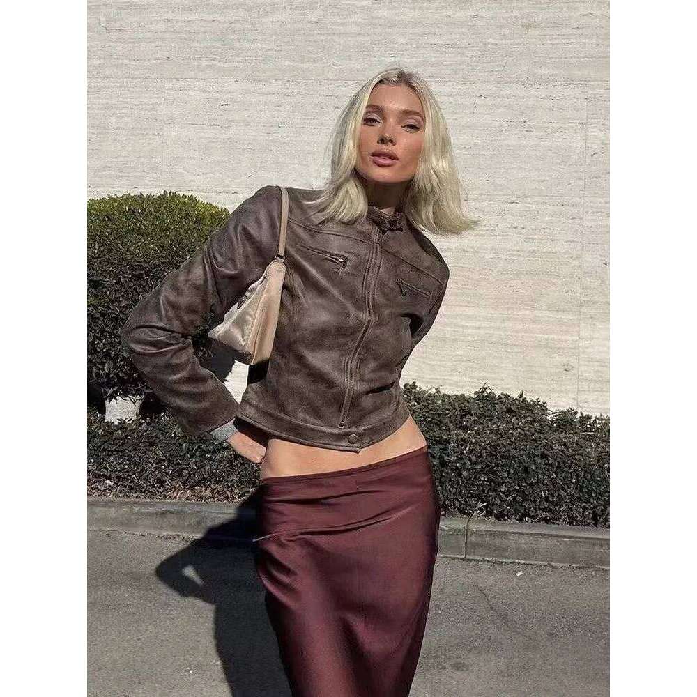 Autumn Winter New Overcoat Long Sleeve Motorcycle Short Vintage Slim Outwear Boyfriend Style Suede Jacket Coat
