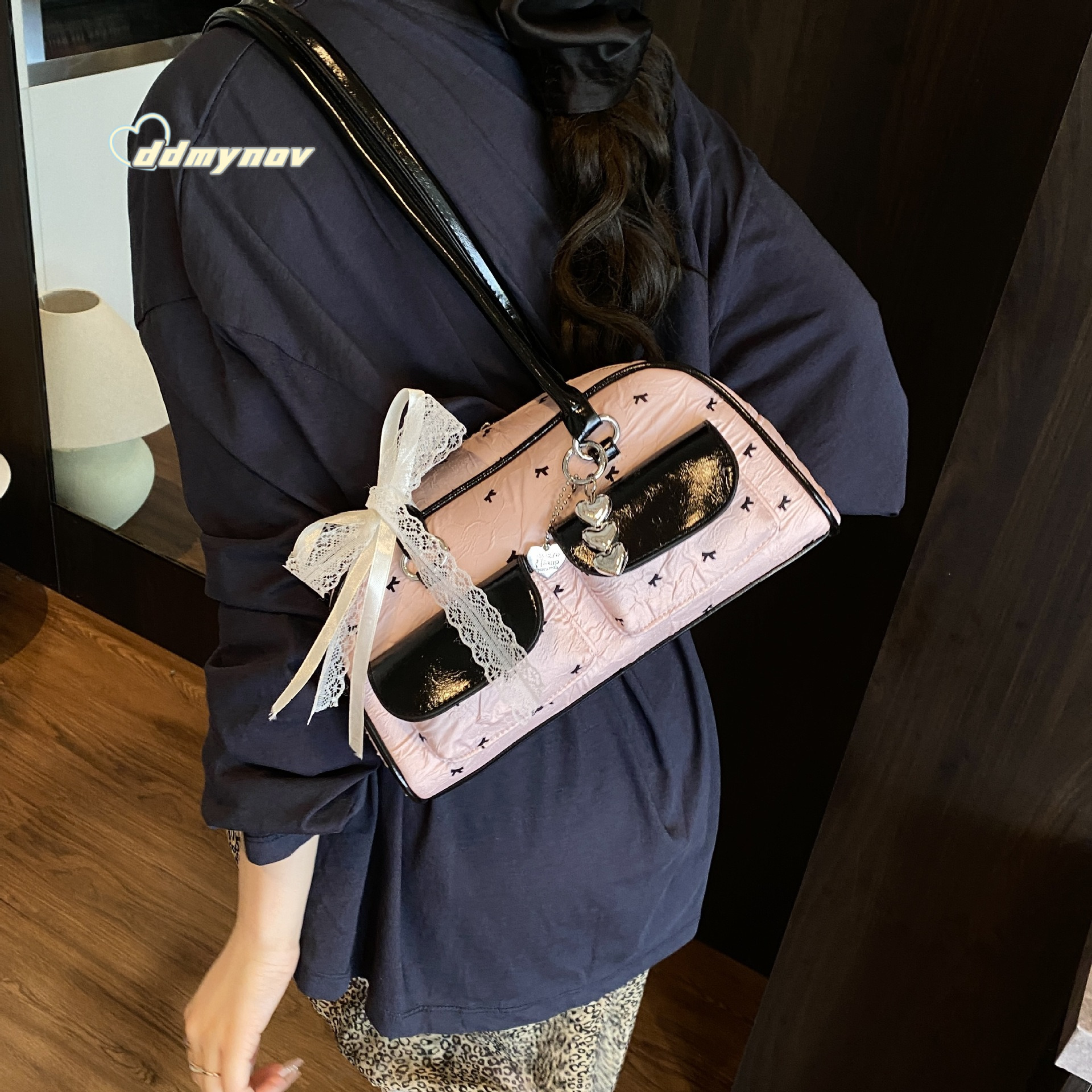 Korean Niche Bowknot Underarm Ins Double Pocket Bowling Handbag Stylish Shoulder Bag ddmynov