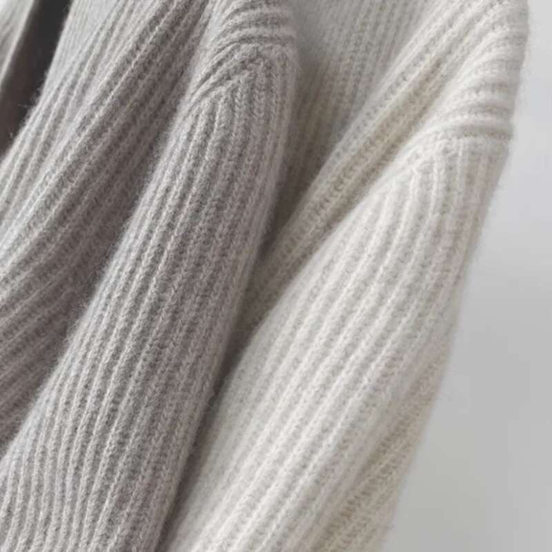 100% Wool Cardigan Women's Loose Jacket For Autumn Winter, Mid To Long Style With Tie Up And Waist Cinching Knit Sweater