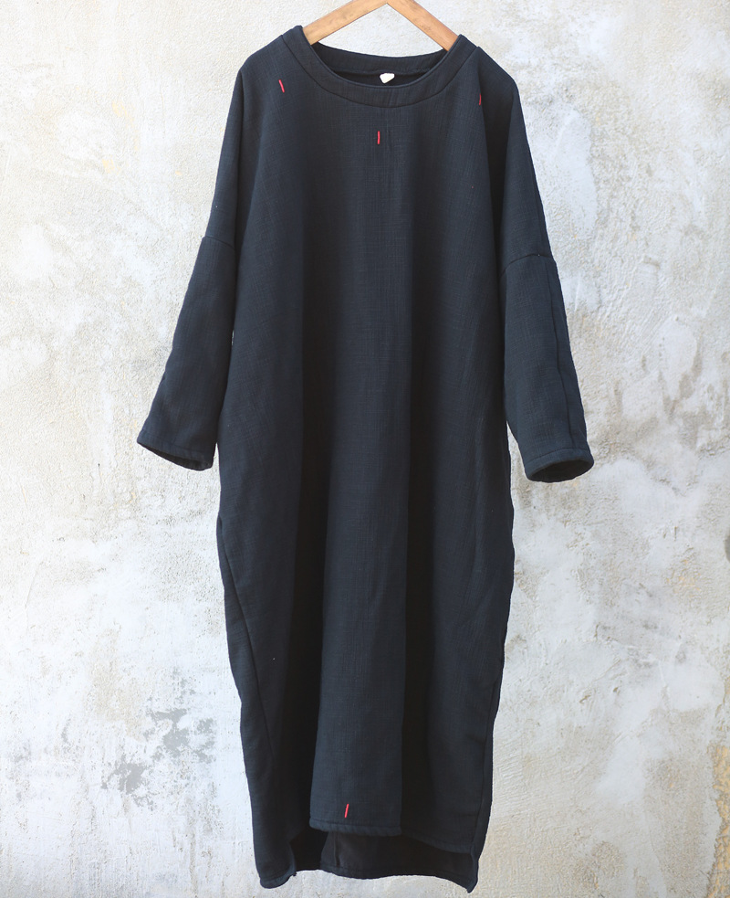 DO55 long-sleeved embroidered dress robe retro literary loose cotton and linen skirt for women