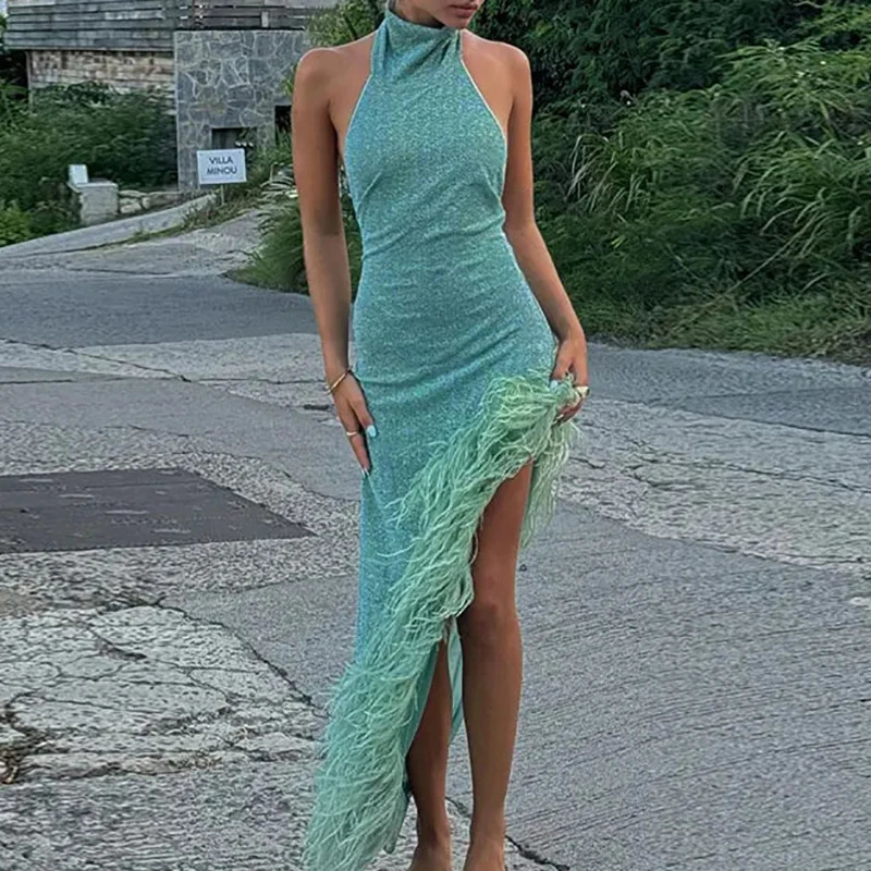Sexy Sleeveless Hollow Irregular Long Dress Fashion Backless Slim Fit Party Dress Lady Elegant Feather Patchwork Suspender Dress 250609