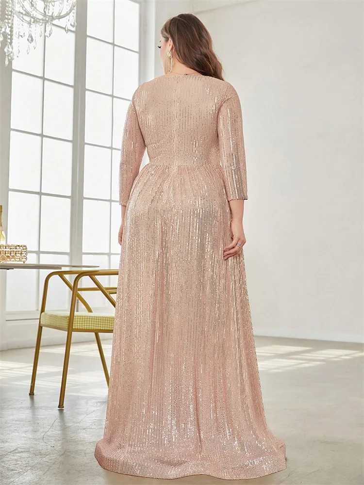 Plus Size Luxury V-Neck Long Sleeves Sequins Evening Dress For Women 2024 Wedding Party Prom Maxi Cocktail Bridesmaid Gowns XJ250610