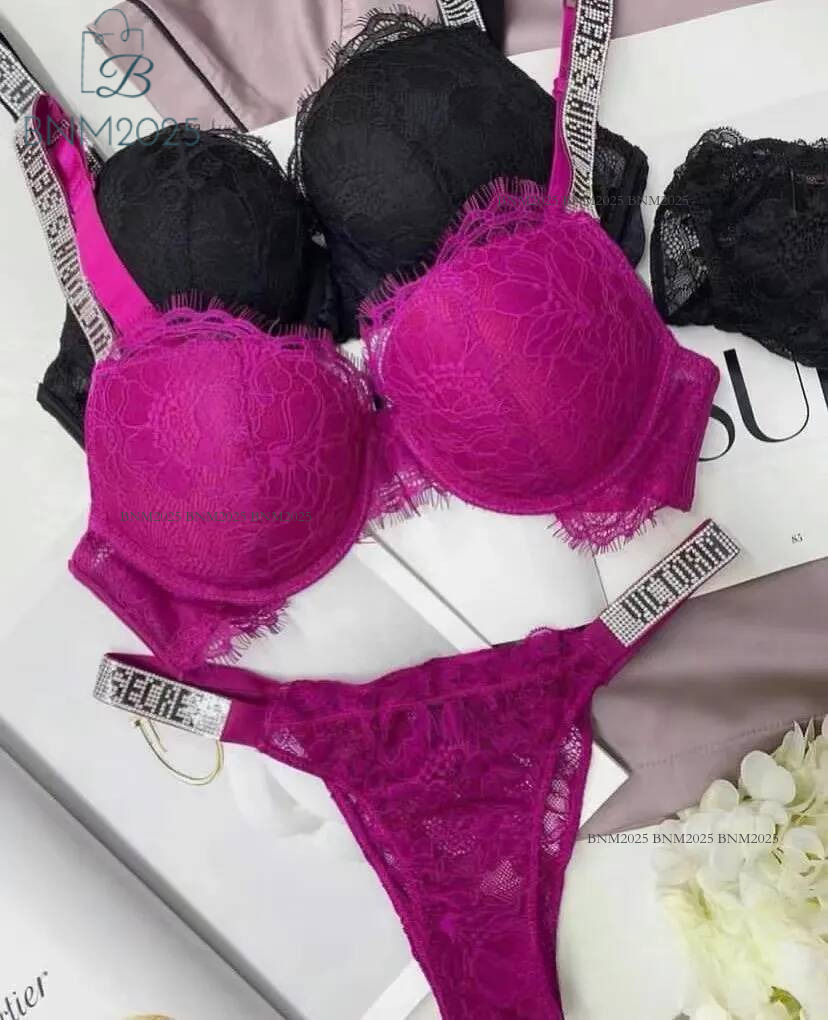 Victoriasecret Sexy Bra Sets VS Push Up Lace And Panty Sexy Women's Embroidery Deep V Lingerie Good Quality Pretty Underwear 2 Piece Set Rhinestone Bra Brief Set 2d0