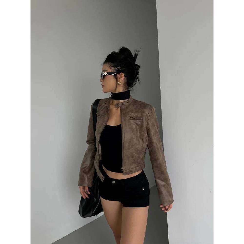 WOMENGAGA Stand Collar Leather Coat Women Autumn New Straight Tube Slim Short Motorcycle Jacket Korean Sweet D8FN
