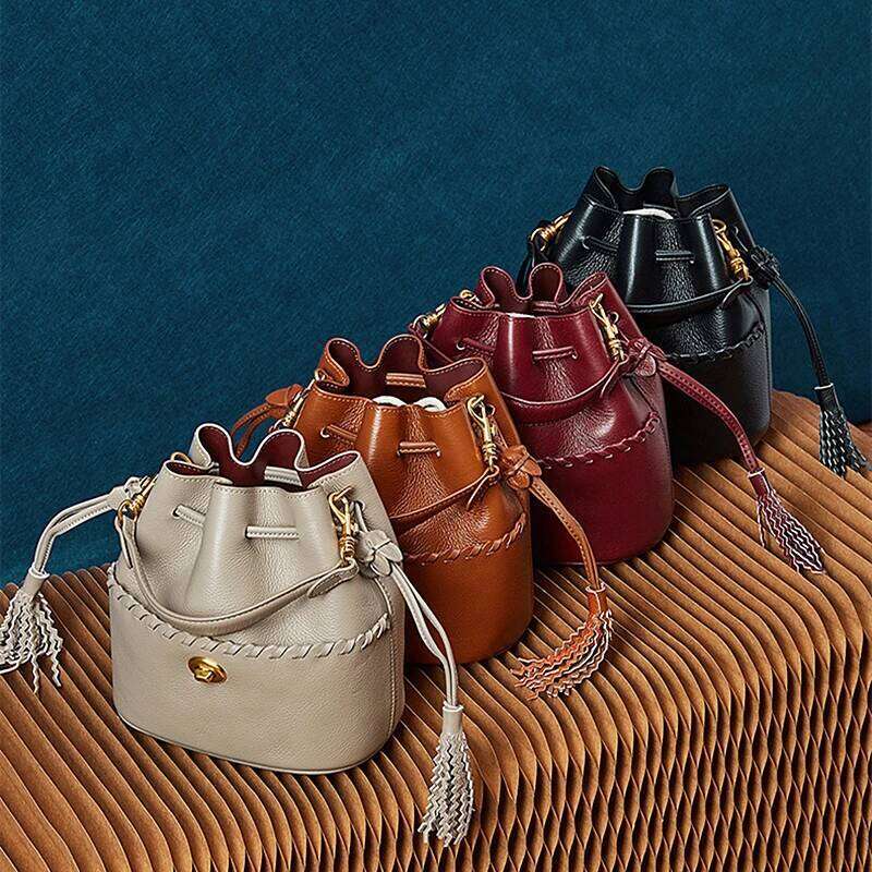 Burminsa Cow Genuine Leather Drawstring Bucket Small Shoulder Crossbody Bags For Women 2025 Designer Tote Ladies Handbags