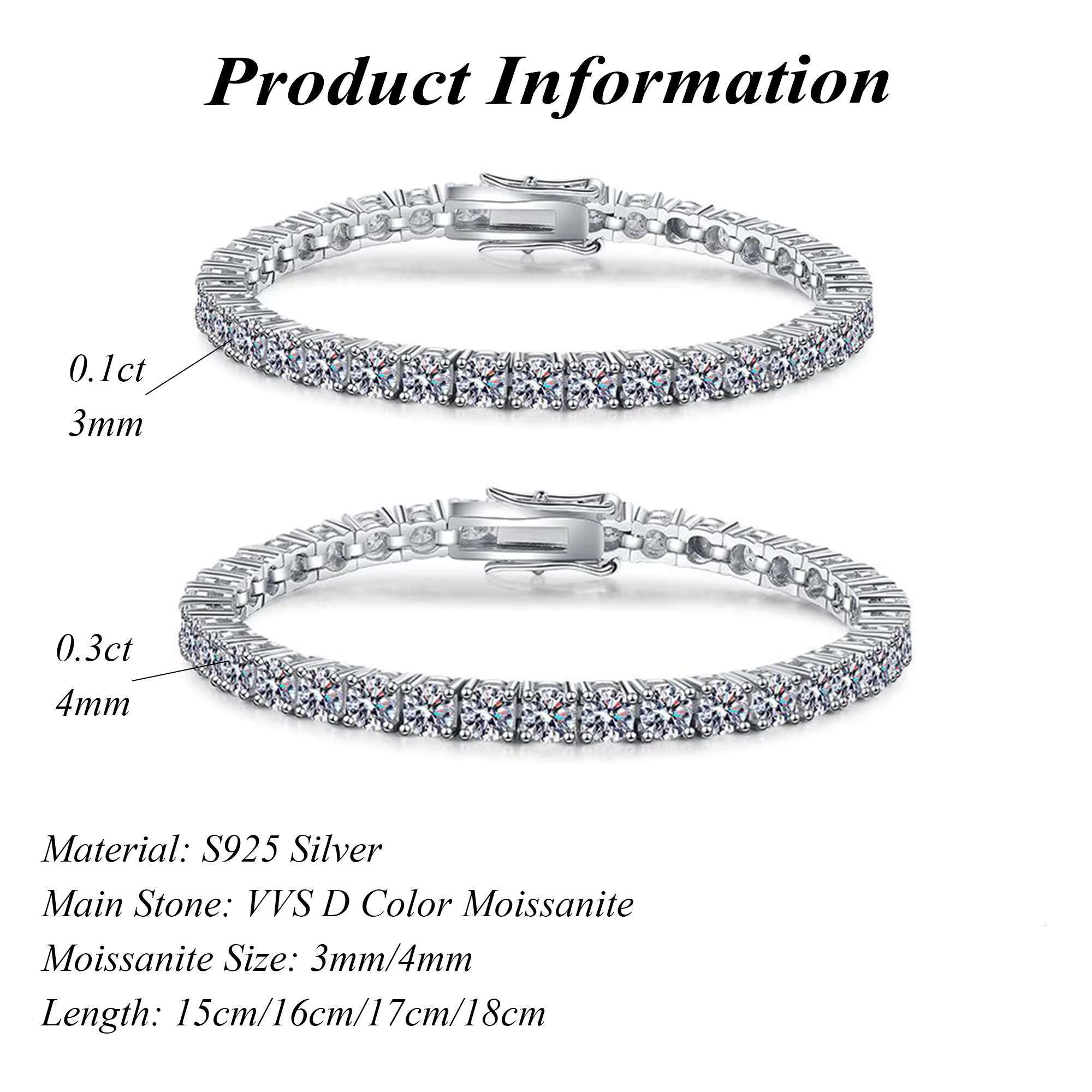 Luxury 3mm 4mm Moissanite Jewelry Rhodium Plated 925 Silver VVS Moissanite Tennis Bracelet Hip Hop Jewelry Mens Bracelet