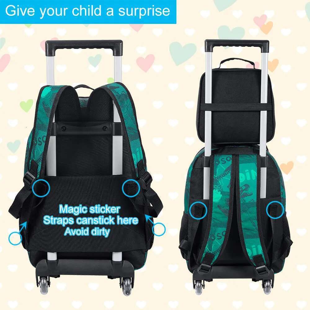 3Pcs Kids Rolling Backpack Boys, Dinosaur School Bookbag With Wheels, Roller Wheeled Backpacks For Toddler Elementary