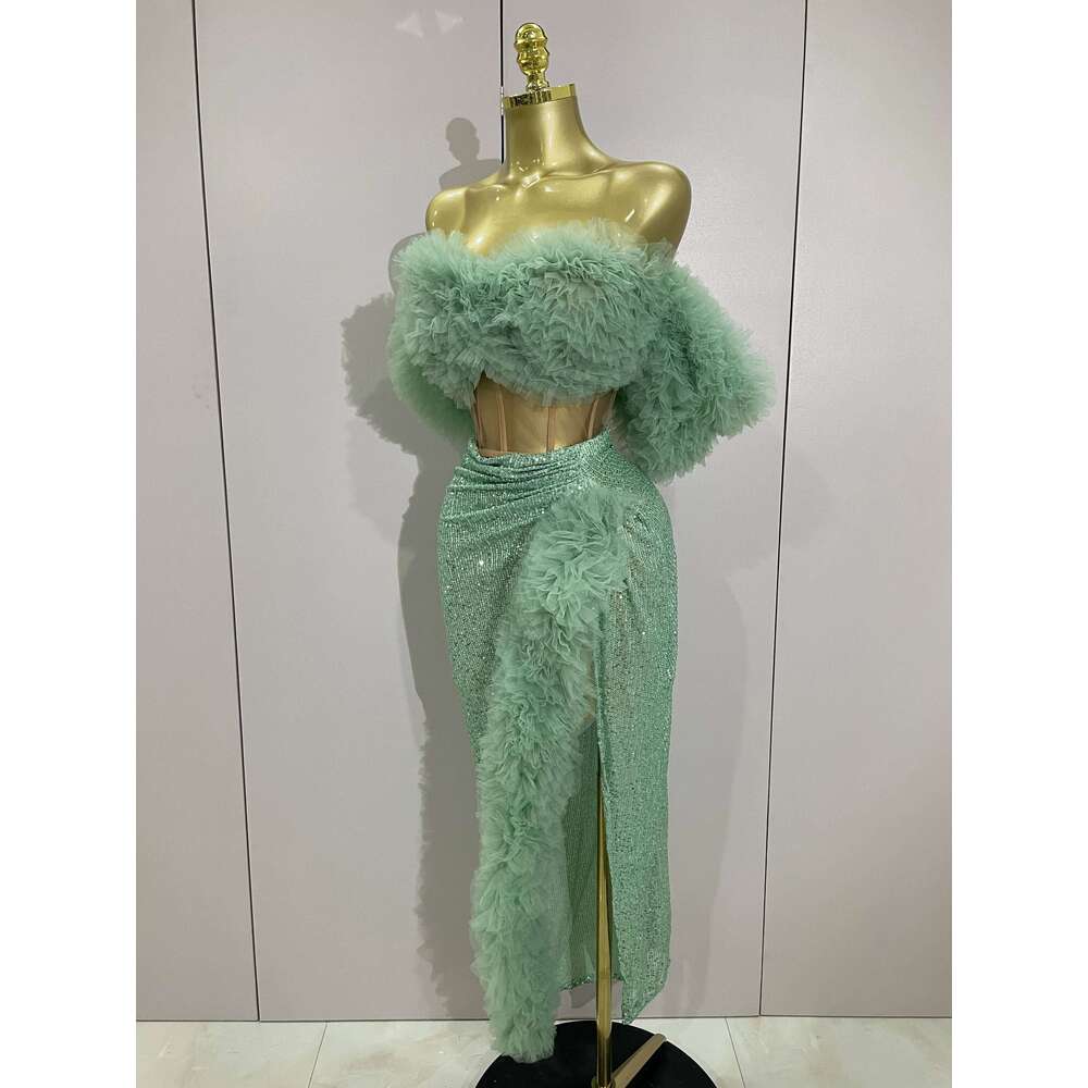 Shiny Sequins Top Short Skirt Two Pieces Set 2025 Women Sexy Celebrate Evening Prom Birthday Party Dress Nightclub Stage Outfit