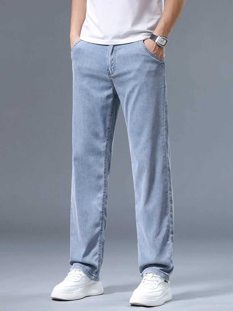 Summer Ultra-thin Mens Jeans Lyocell Soft Breathable Loose Straight Light Blue Denim Pants Business Casual Ice Silk Trousers M250610