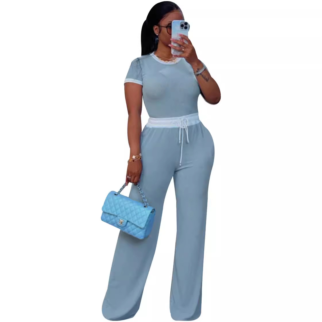 Designer women set Summer casual street daily ribbed color-blocking round-neck short-sleeved pants set Women sportswear two-piece long pants set