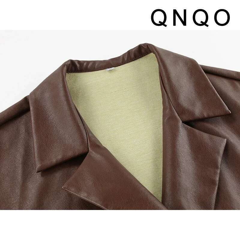 QNQO Faux Leather Jackets for Women Vintage Turn-down Collar Double-Breasted Coat Autumn Winter Fashion Female Loose Outerwear
