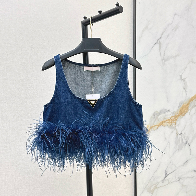 Women Stylish Washed Denim Vests Patchwork Feather Tank Tops Sexy Nightclub Party Cropped Tops