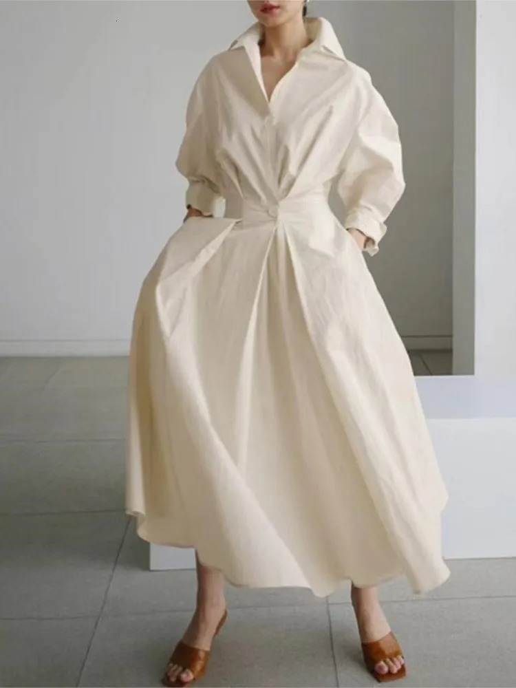 Casual Cotton Linen Shirt Dress Female Long Sleeve Elegant Maxi Dresses For Women Spring Autumn V Neck Party Long Dress Robe 250610