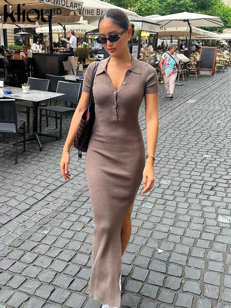 Kliou Elegant Office Lady Maxi Dress Women Solid Fashion Turn-down Collar Short Sleeve Button Side Slit Body-Shaping Street RobeXJ250610