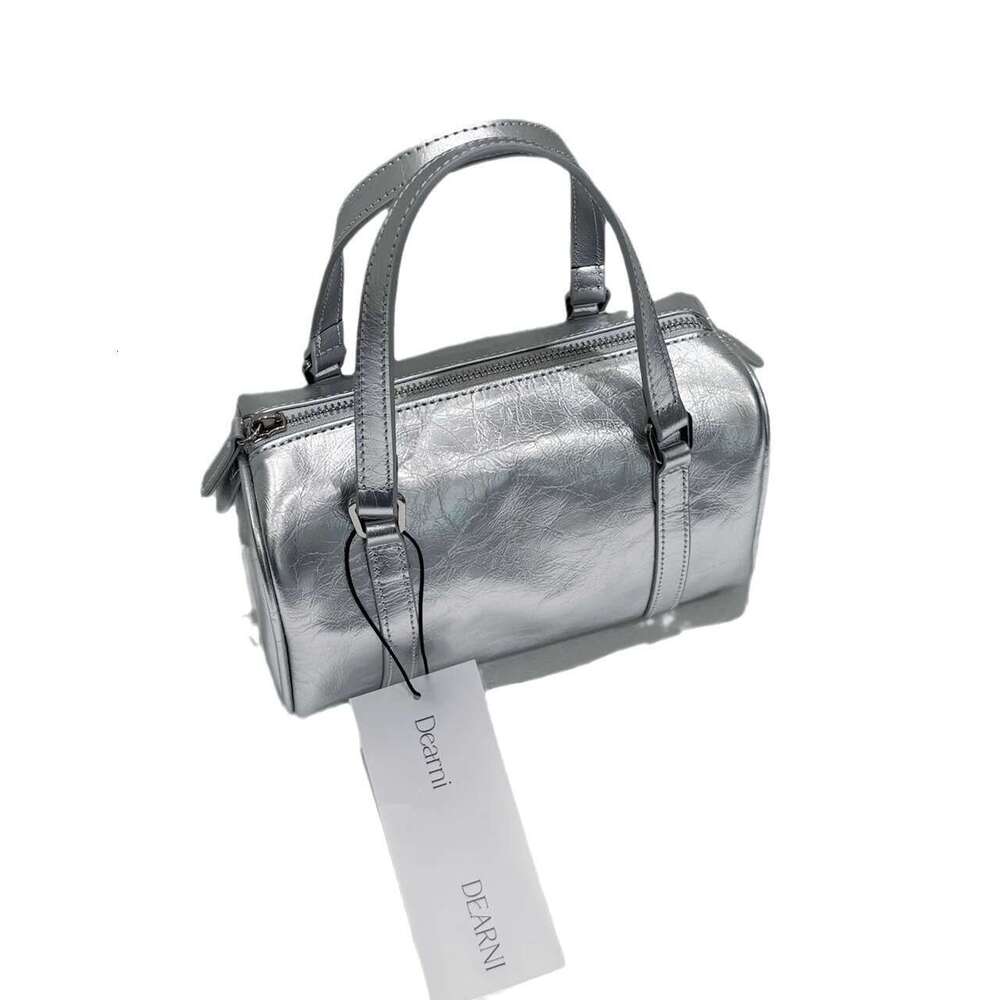 Dearni Oil-Waxed Cowhide Pillow Korean Style Silver Small Boston Handbag Shoulder Bag for Women