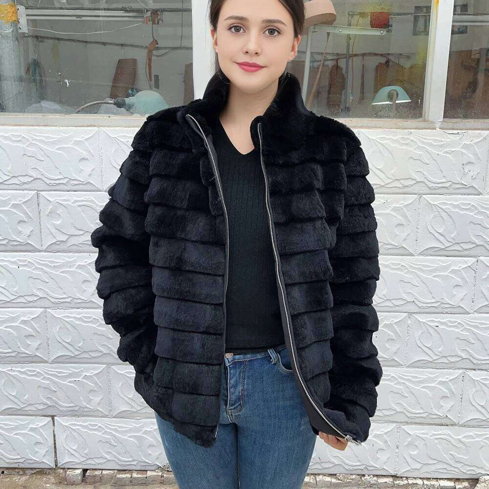 Fancy Rani Natural Rex Rabbit Coat Women Winter Jacket Real Leather And Fur Clothing Female Outerwears With 2024 Black Cold