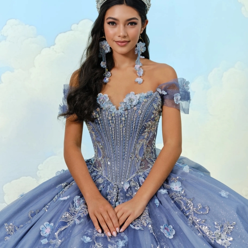 Navy Blue Shiny Quinceanera Dresses Ball Gown Off The Shoulder Applique Flower Beading Tull Sweet 16 Dress Vestidos 15 De Anos