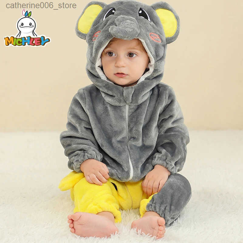 MICHLEY Halloween Elephant Winter Baby Rompers Clothes Costume Flannel Hooded Bodysuits Pajamas Animals Jumpsuit For Boys Bebe y2506100X3C