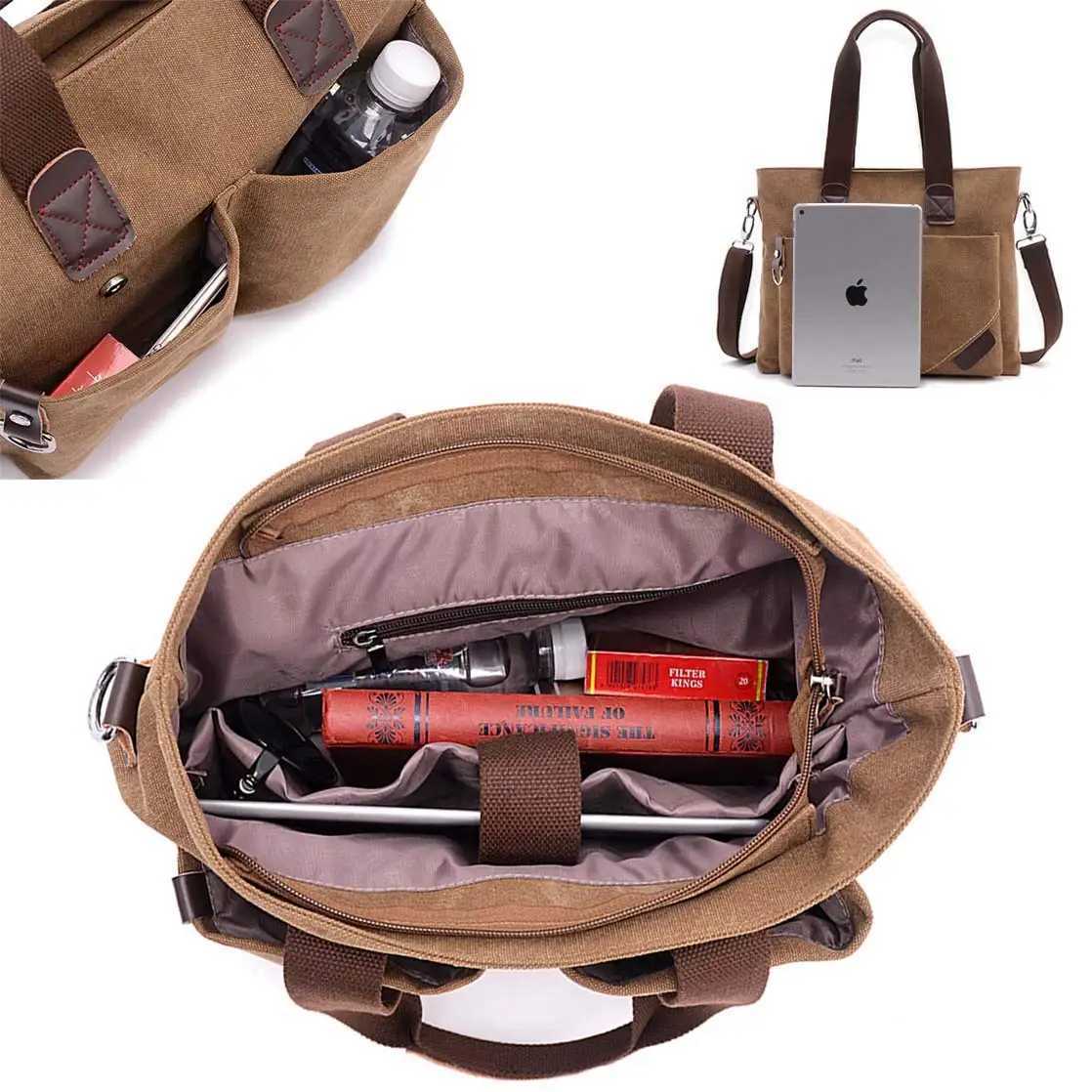 Canvas Men Handbag 14 inch Laptop Briefcase Vintage Solid Color Shoulder Bag Large Capacity Business Retro Messenger Bags W250610