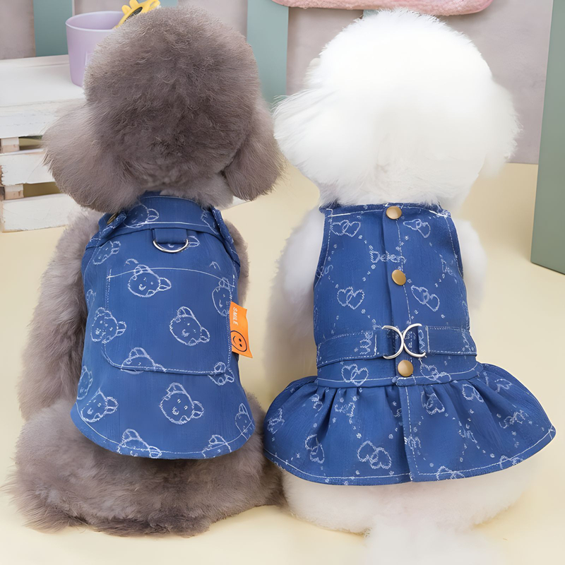 Denim Dog Harness Dresses for Small Dogs Puppy Girl Clothes with Cute Little bear, Heart-shaped Print Summer Cat Apparel with D-Ring Blue Boy Girl Dog