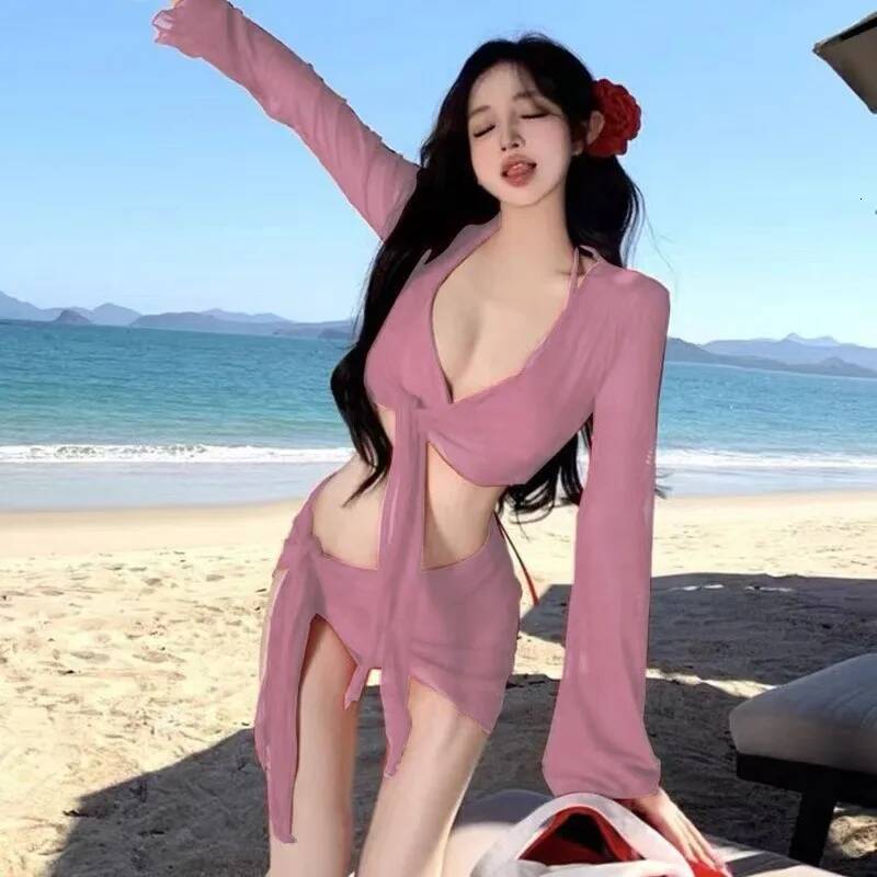 2025 New Bali Vacation Thailand Red Bikini Four Piece Set Slimming And Concealing Split Swimsuit For Women Looking White