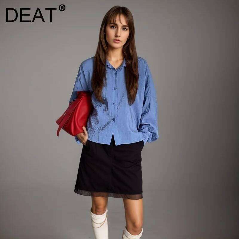 DEAT Fashion Blue Linen Irregular Sunscreen Shirt Women's Lapel Loose Fit Single Breasted Long Sleeves Short Blouse New 7Ab9147