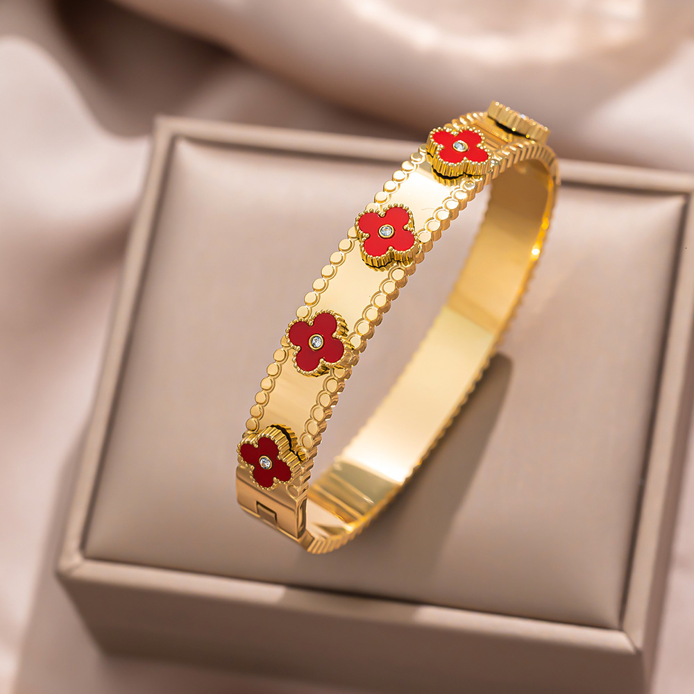 Fashion Four Leaf Clover Inlaid Blue Zircon Bracelet Golden Stainless Steel Bracelets Bangles Delicate Jewelry Gift for Women 250512