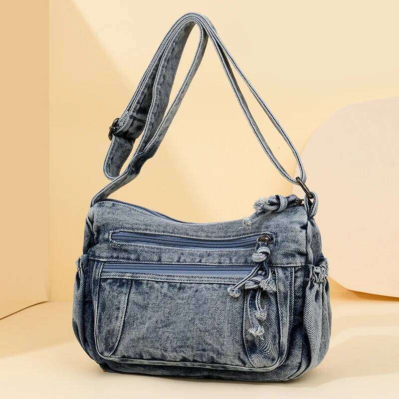 Women Retro Travel Sling Shoulder Casual Washed Denim Commuting Crossbody Bag Female Shopping Tote Handbags Large Day Pack