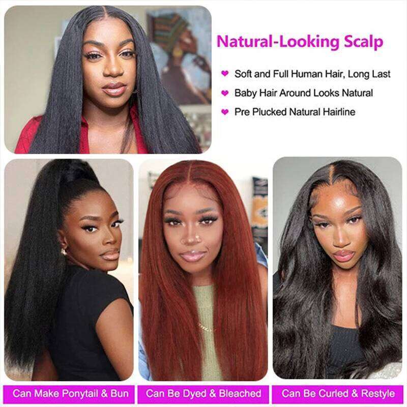 Transparent Kinky 13x6 Frontal Wigs Yaki Straight Human Hair Pre Plucked Remy Lace Closure Wig 250 Density