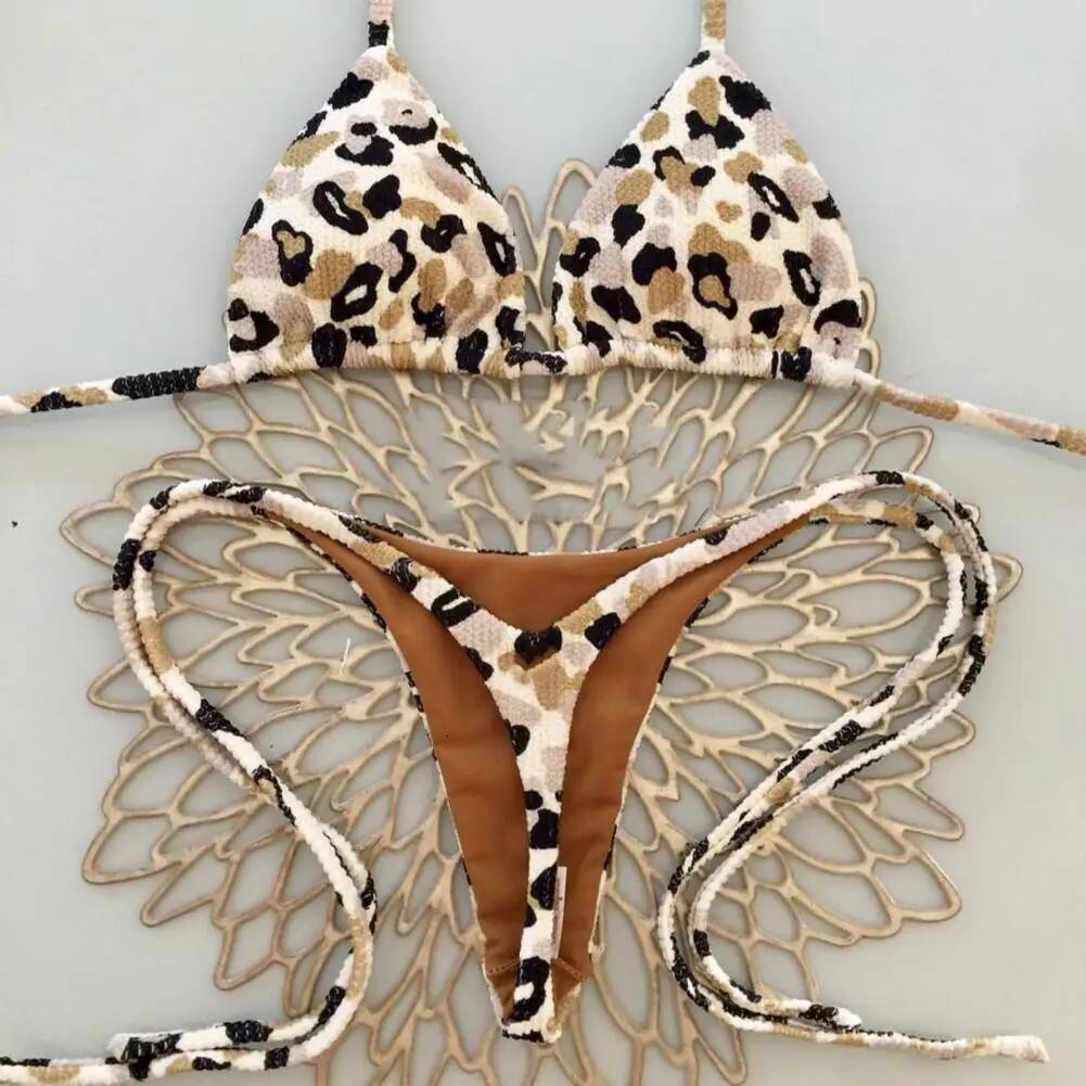 Breathable Leopard Halter Bikini Set Cherry Print Thong Swimsuit Sexy High Waist Lace-up Bathing Suit for Women