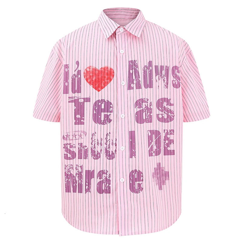 Mens Short Sleeve Striped Shirt Colorful Letter Print Harajuku Style Button Down Casual Cotton Loose Fit Summer Streetwear Top 250610