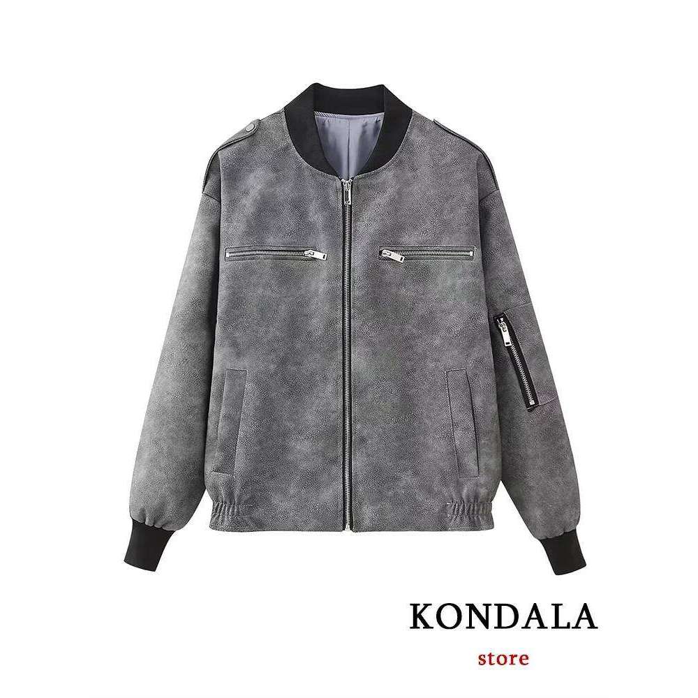 KONDALA Chic Solid Gray Faux Leather Streetweat Long Sleeve Zipper Jacket Fashion 2023 Autumn Casual Cool Y2K Pockets Outwear