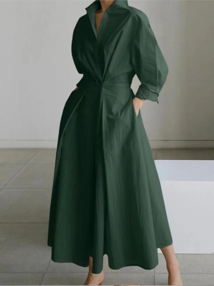 Casual Cotton Linen Shirt Dress Female Long Sleeve Elegant Maxi Dresses For Women Spring Autumn V Neck Party Long Dress Robe 250610