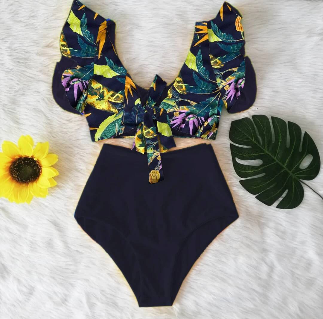 2025 New Floral Ruffled Bikini Set Women V-neck High Waist Two Piece Swimsuit Girl Beach Bathing Suit Swimwear Biquinis