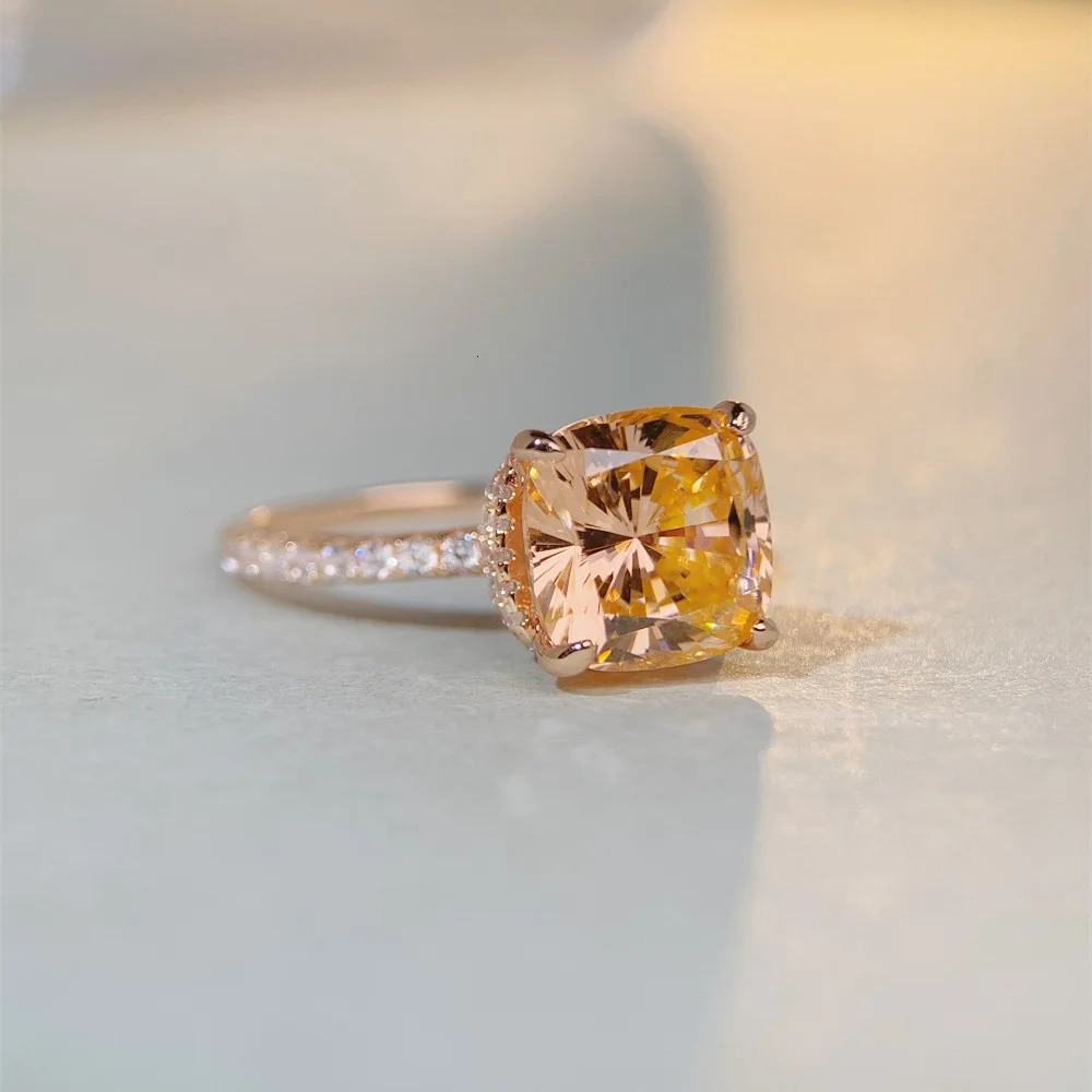 ELSIEUNEE 925 Sterling Silver 4CT Orange High Carbon Diamond Gemstone Rings for Women Rose Gold Plated Party Fine Jewelry 250610