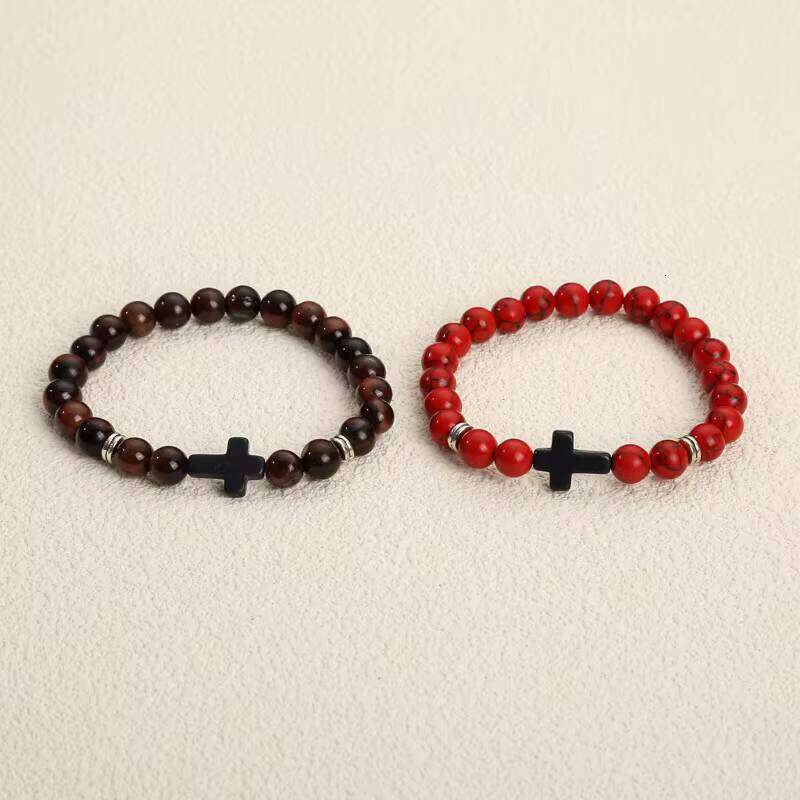 DHcollections Classic Tiger Eyes Bracelets Couple Jewelry Religious Cross Charms Turquoise Gemstone Natural Stone Beaded Bracelet