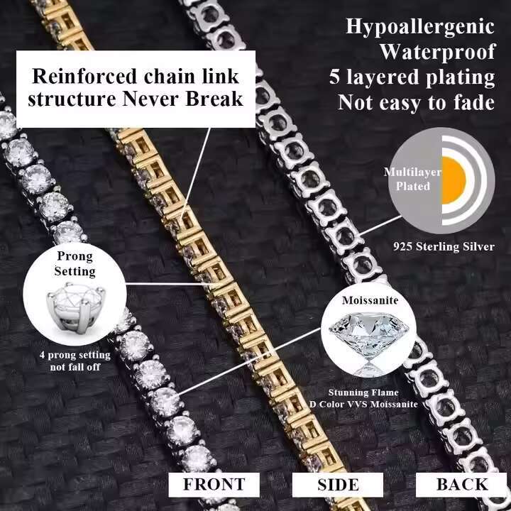 Custom Hip Hop Style Chains Moissanite 2mm 6.5mm D Color Moissanite Gemstone Necklace S925 Sterling Silver Tennis Link Chain